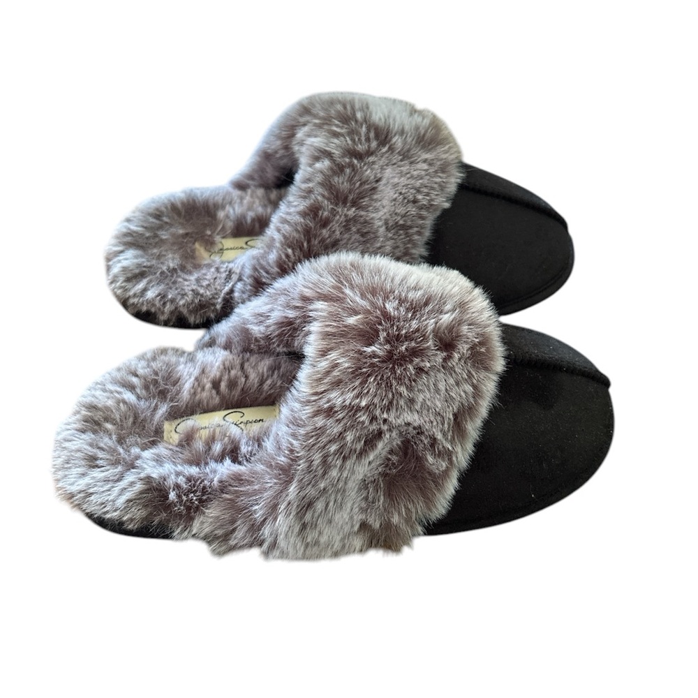 Jessica Simpson Black and Gray Faux Fur Slippers